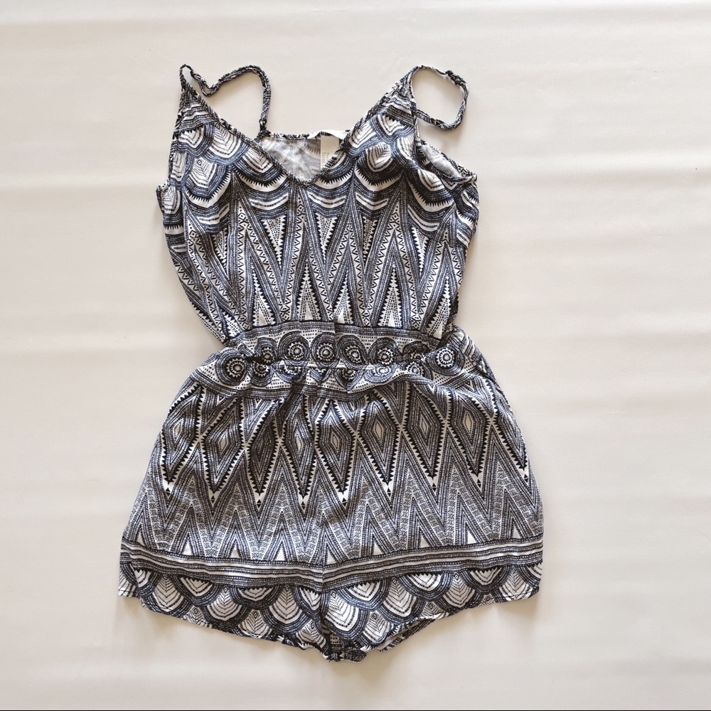 Navy and white spaghetti strap shorts romper